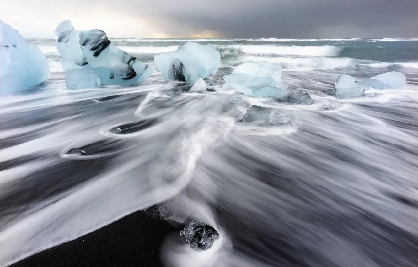 Фото обои море, природа, берег, лёд, выдержка, Исландия