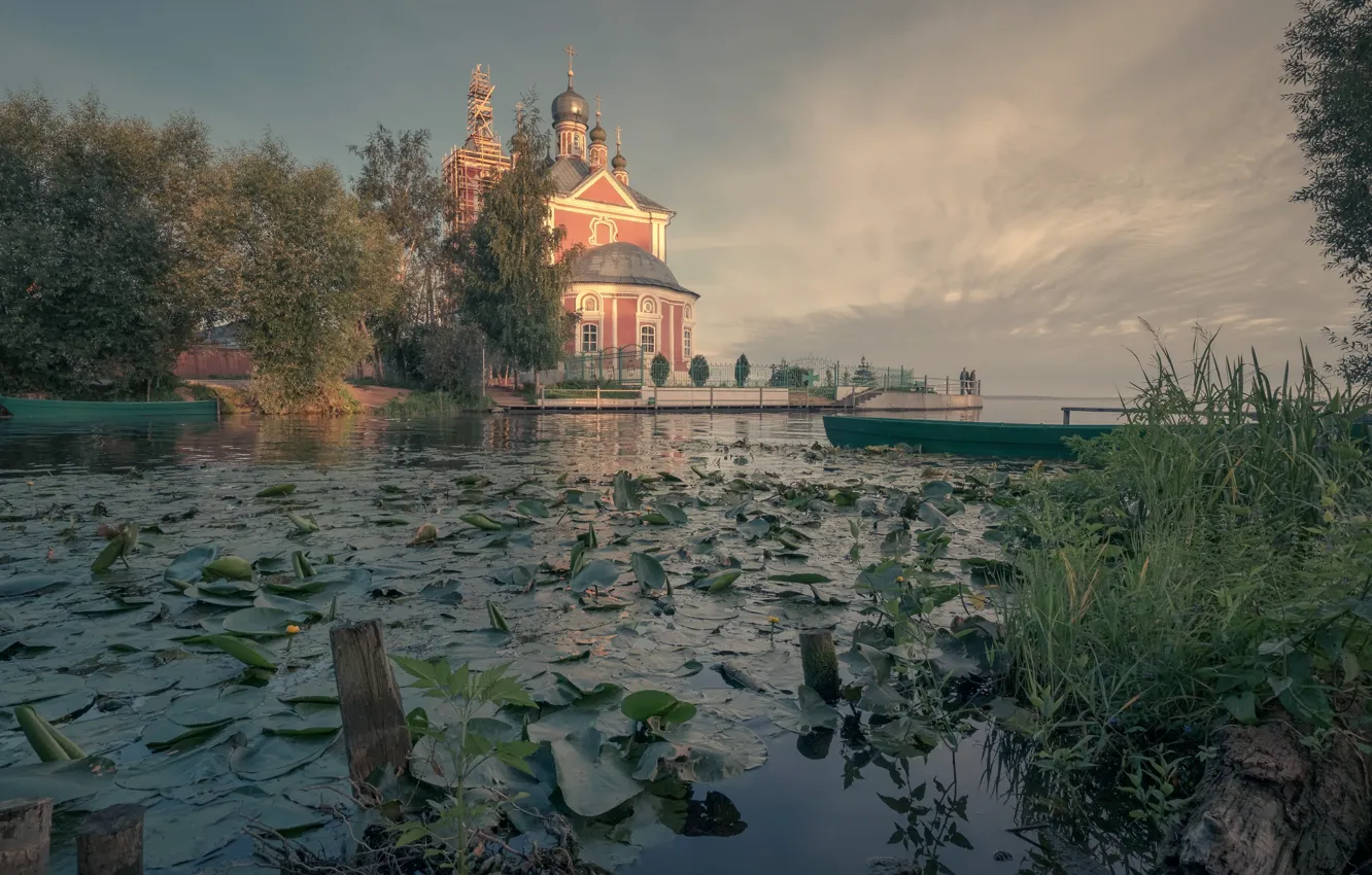 Фото обои лето, небо, трава, листья, облака, свет, деревья, озеро