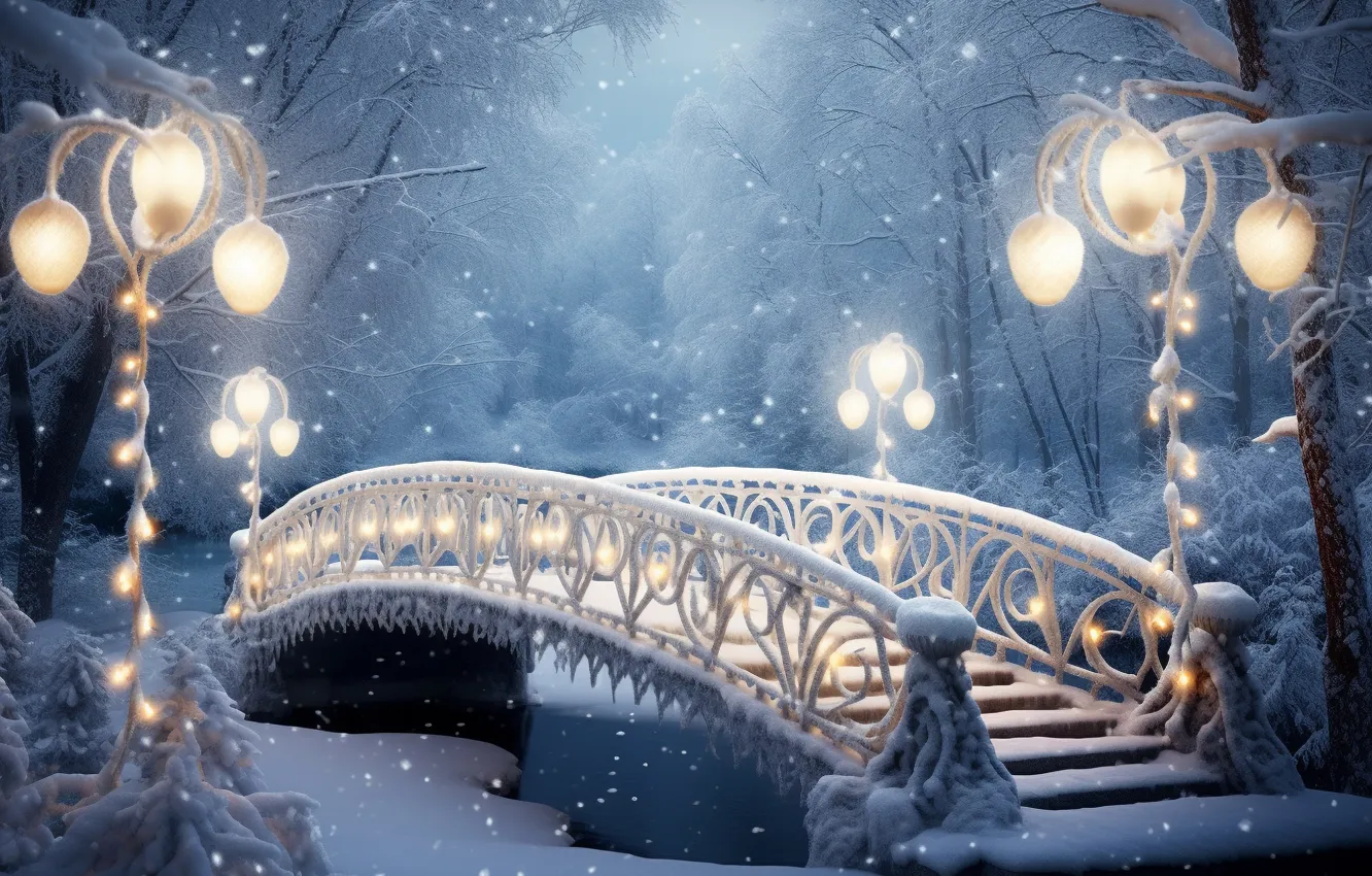 Фото обои зима, снег, снежинки, ночь, мост, lights, парк, Новый Год