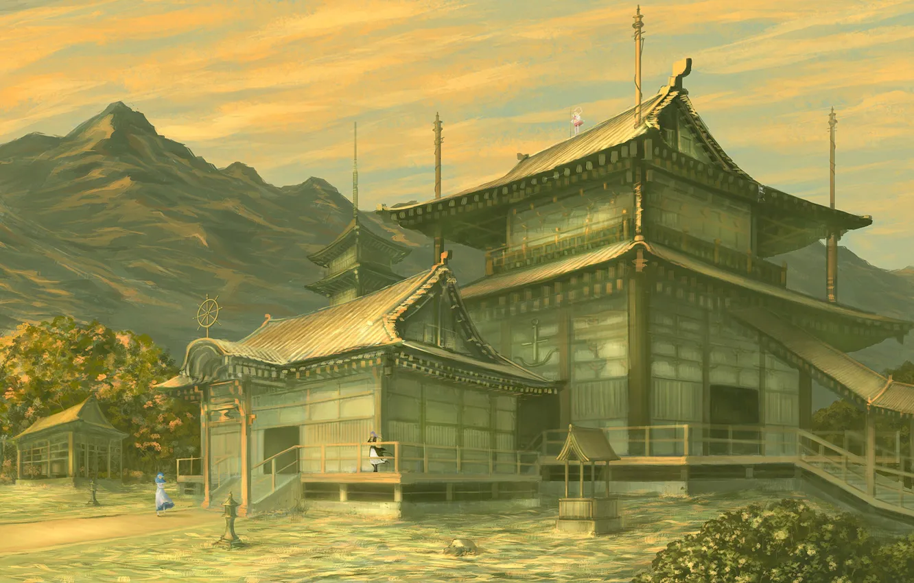 Фото обои горы, Япония, фонари, колодец, лестница, храм, пагода, беседка