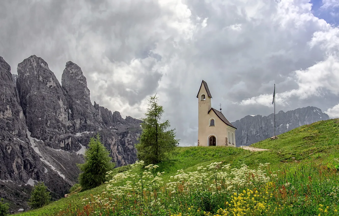 Фото обои пейзаж, горы, часовня, Selva di Val Gardena