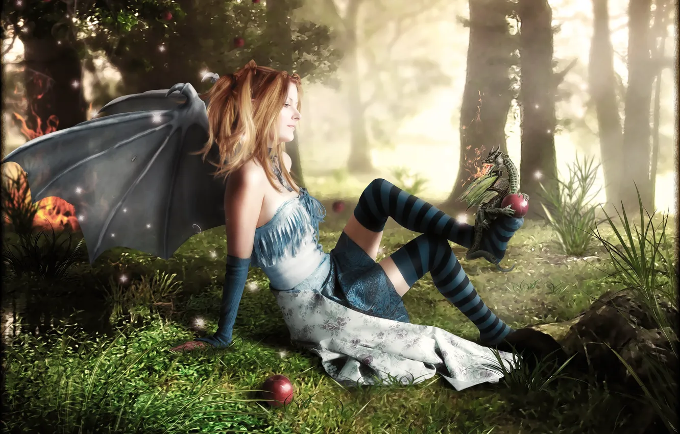Фото обои лес, трава, девушка, огонь, дракон, яблоки, гольфы, Digital Art