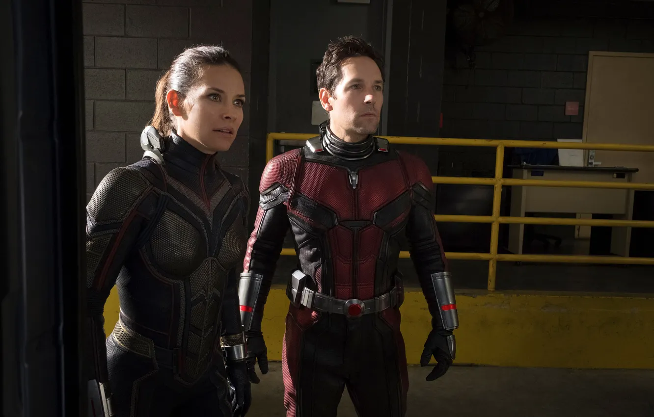 Фото обои кадр, пара, Evangeline Lilly, комикс, костюмы, Эванджелин Лилли, MARVEL, Wasp
