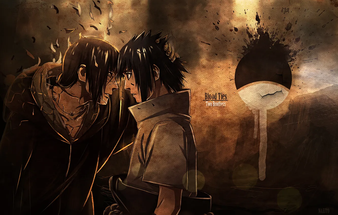 Фото обои кровь, эмблема, ненависть, братья, Naruto, трещина, Uchiha Itachi, Sasuke Uchiha