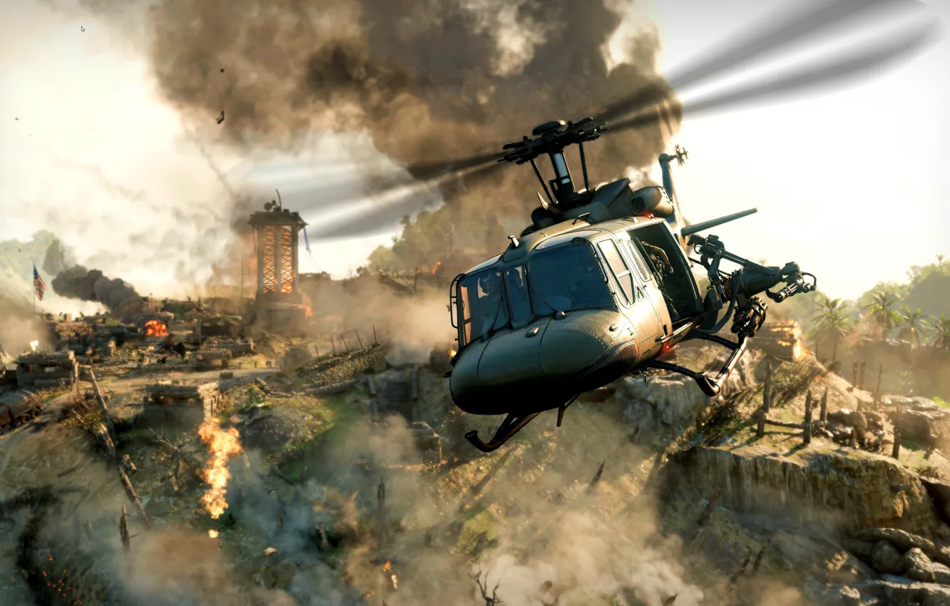 Фото обои огонь, дым, вертолёт, вьетнам, call of duty black ops cold war