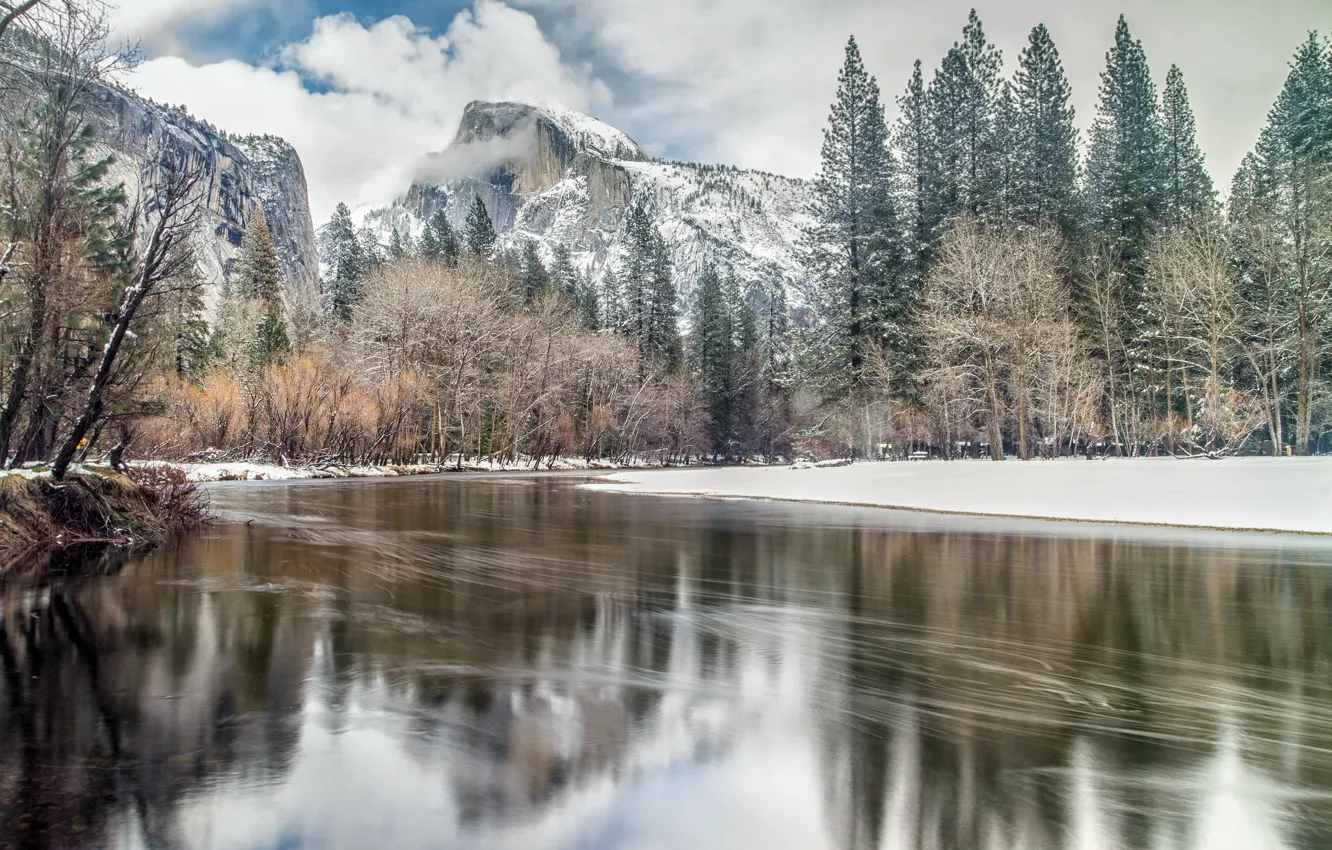 Фото обои зима, горы, природа, река