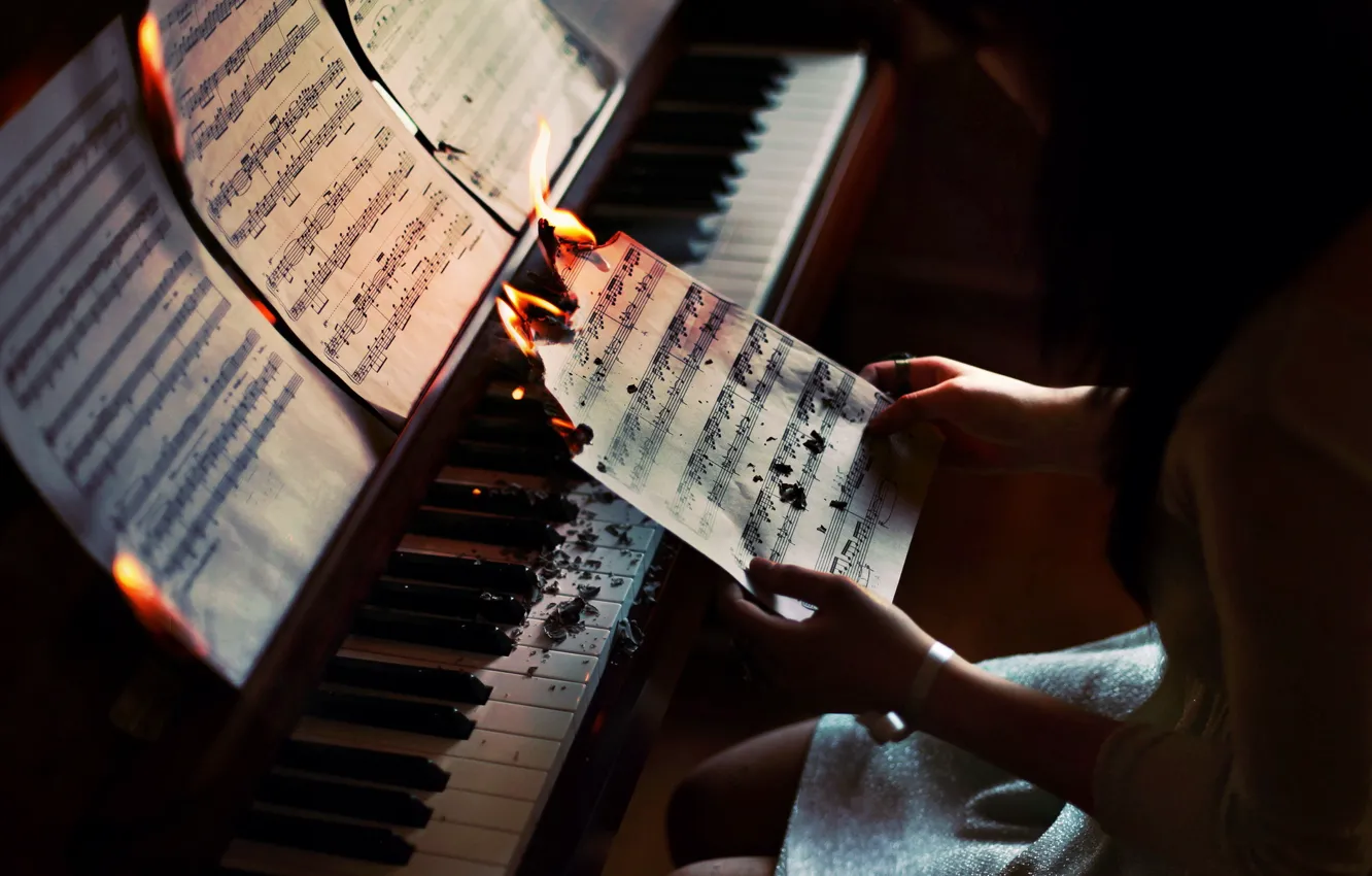 Фото обои девушка, ноты, музыка, ситуация, рояль