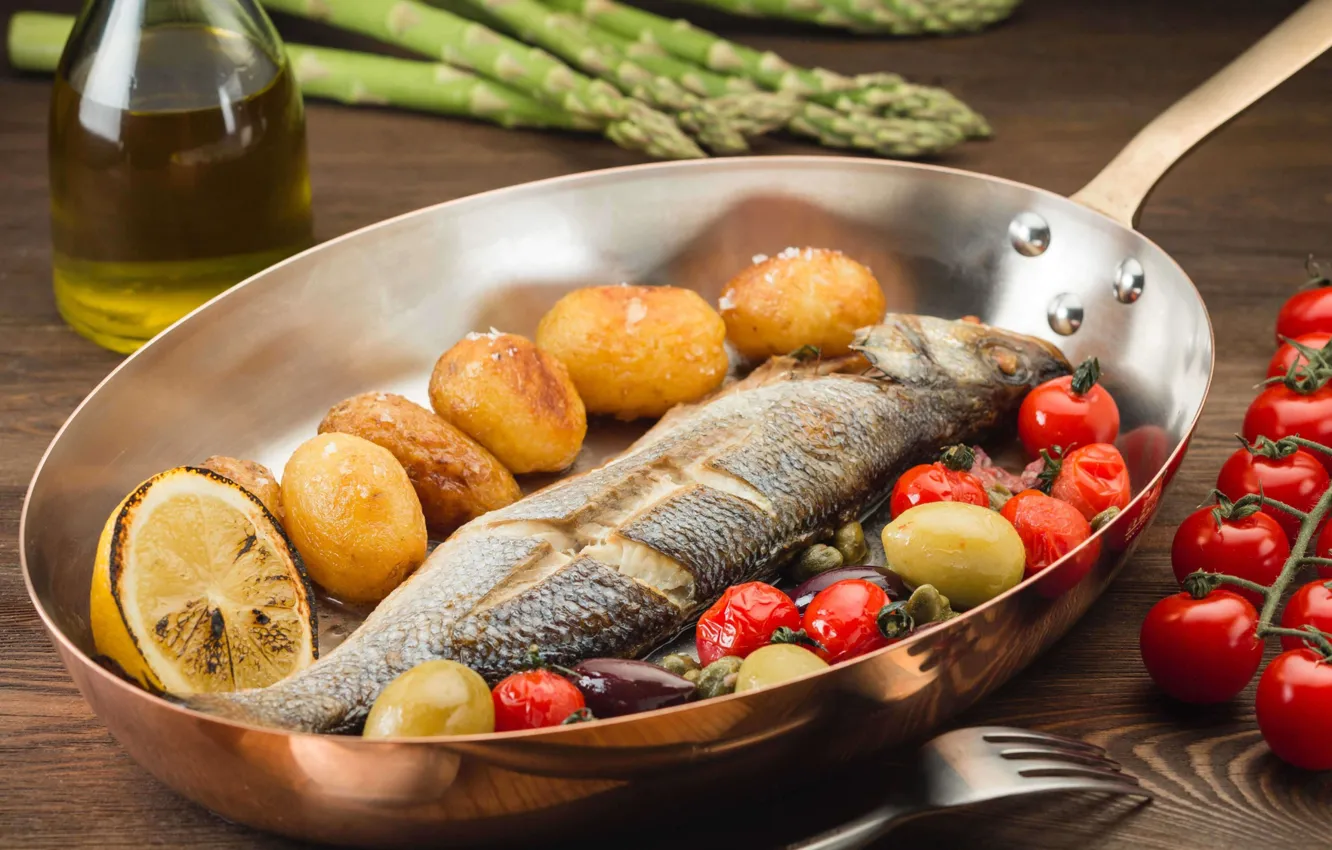 Фото обои рыба, помидор, розмарин, сковорода, картофель