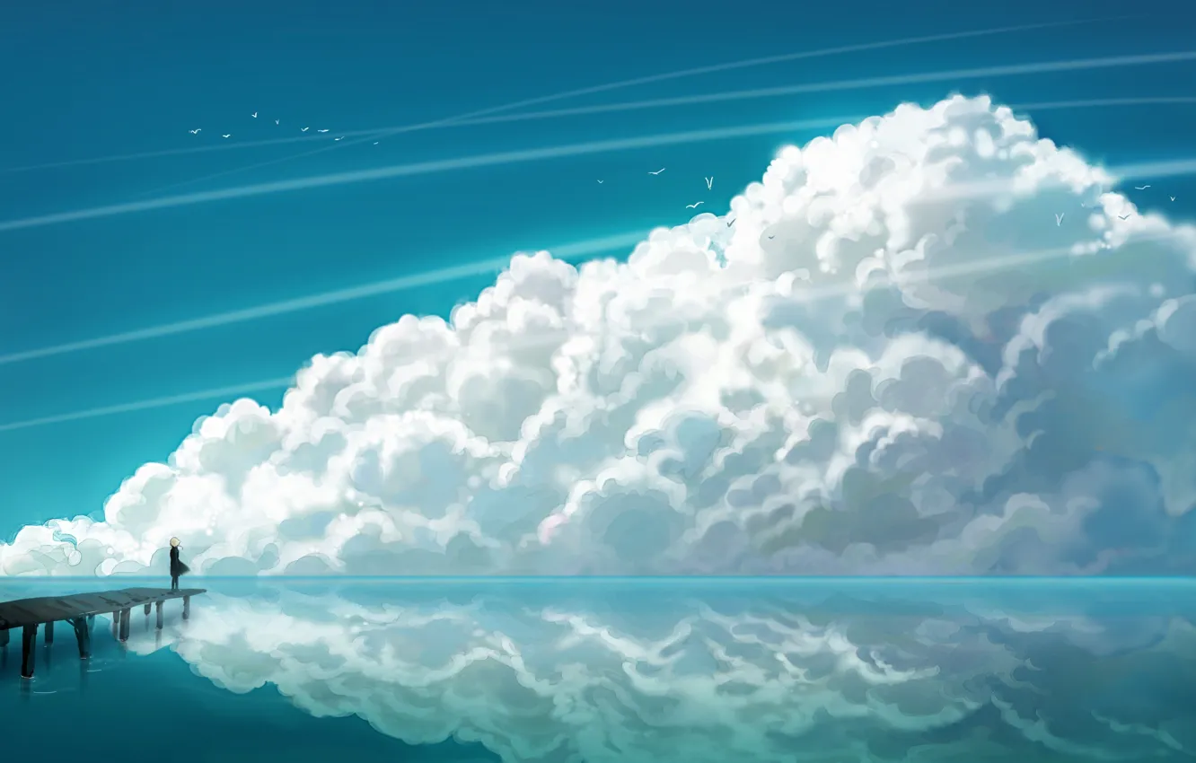 Фото обои море, облака, чайки, аниме, девочка