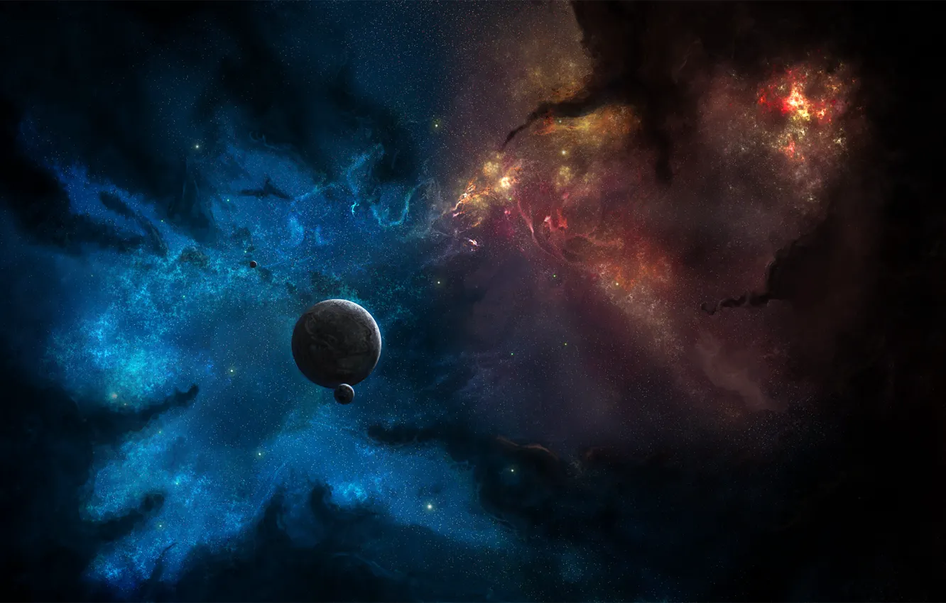 Фото обои космос, звезды, туманность, планета, спутник, арт