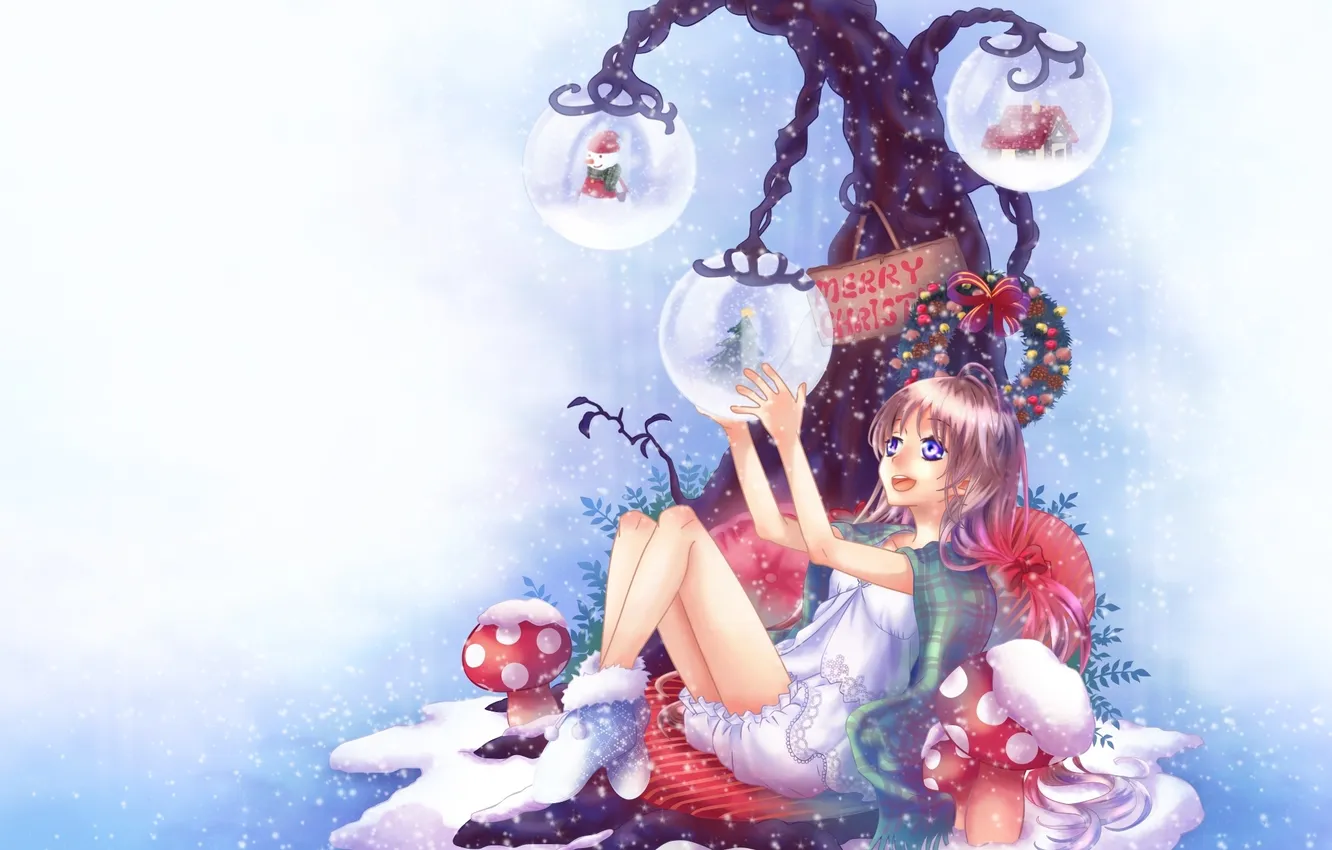 Фото обои девушка, снег, дом, дерево, праздник, ветви, грибы, елка