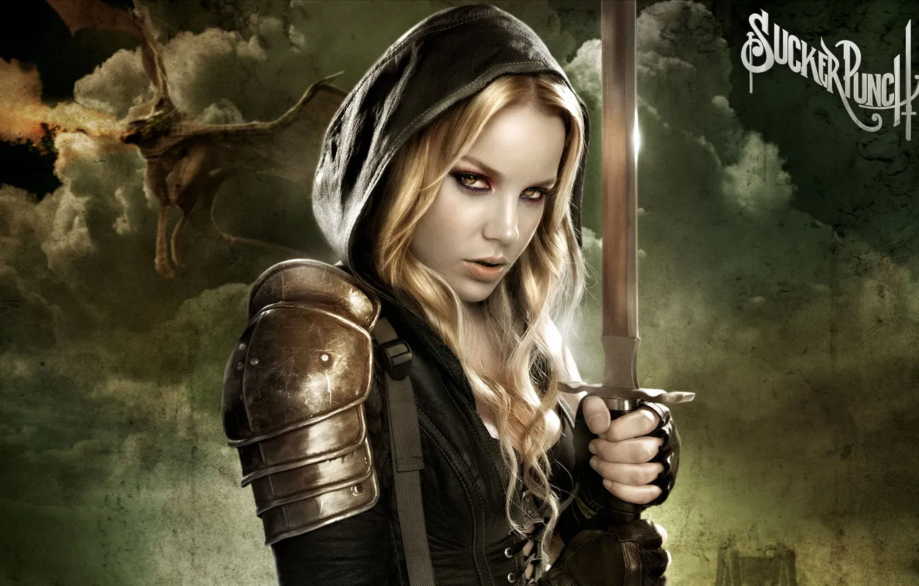 Фото обои девушка, дракон, меч, блондинка, заприщенный прием