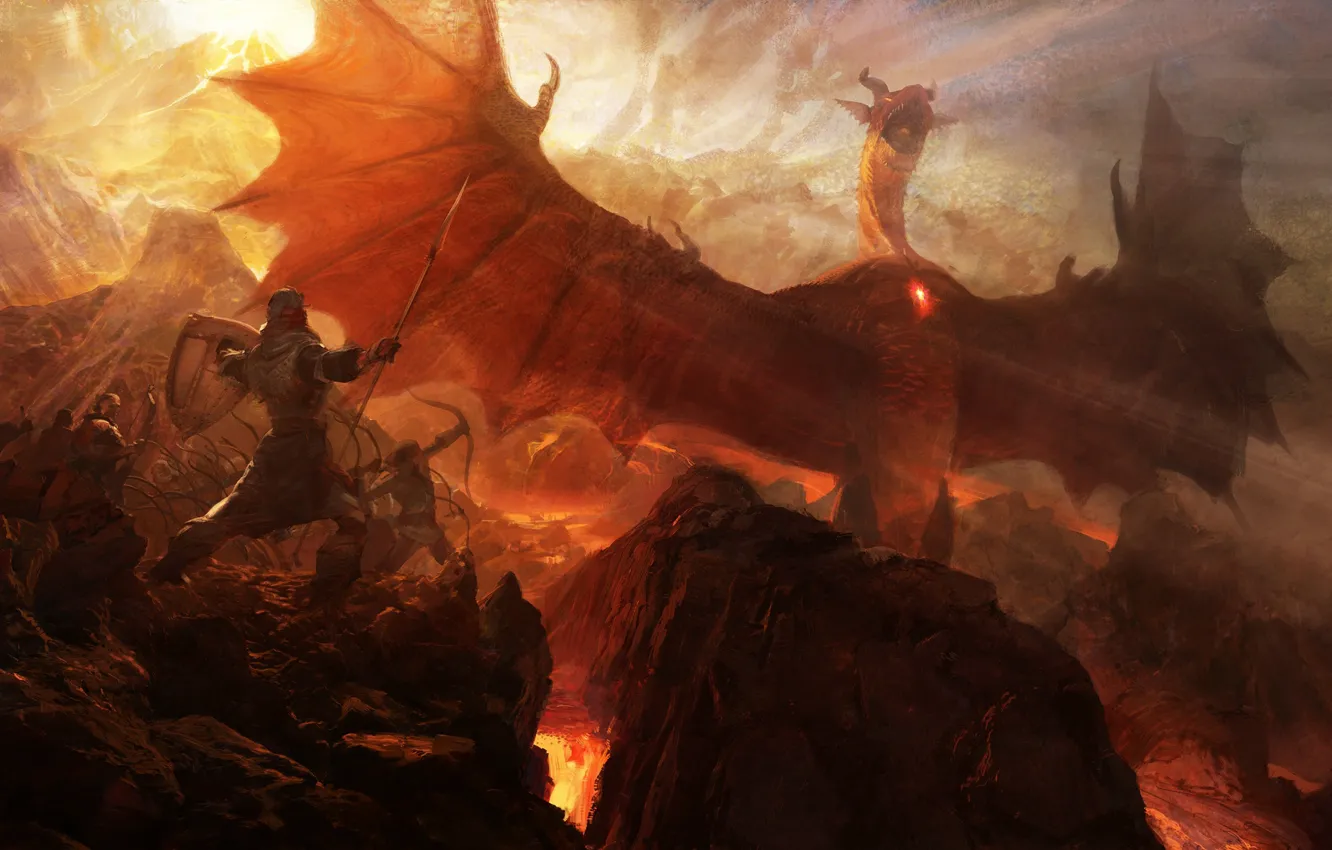 Фото обои скалы, дракон, войны, арт, лава, копье, лучник, Dragon's Dogma