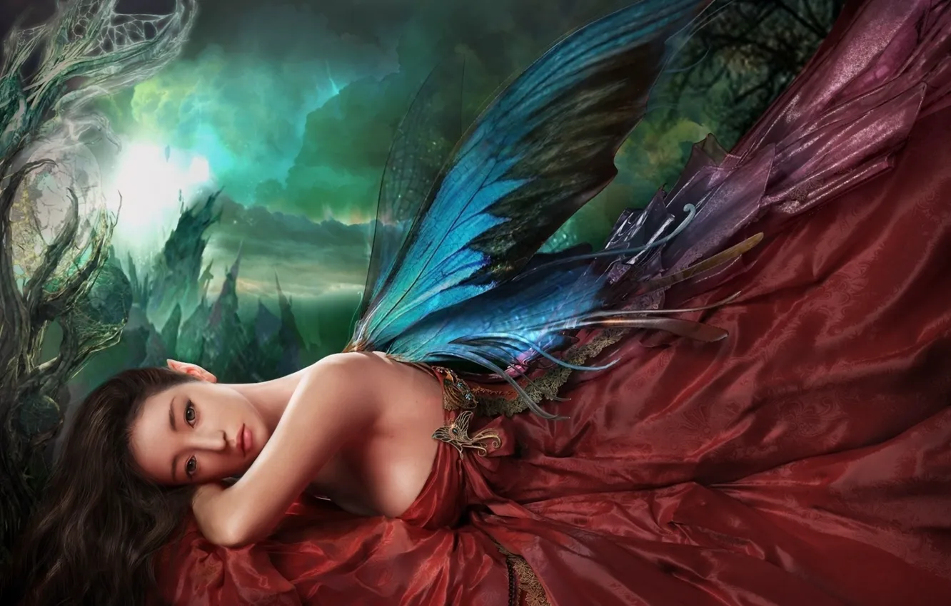 Фото обои грусть, взгляд, крылья, фея, отдыхает, красивая девушка, легенды, меланхолия