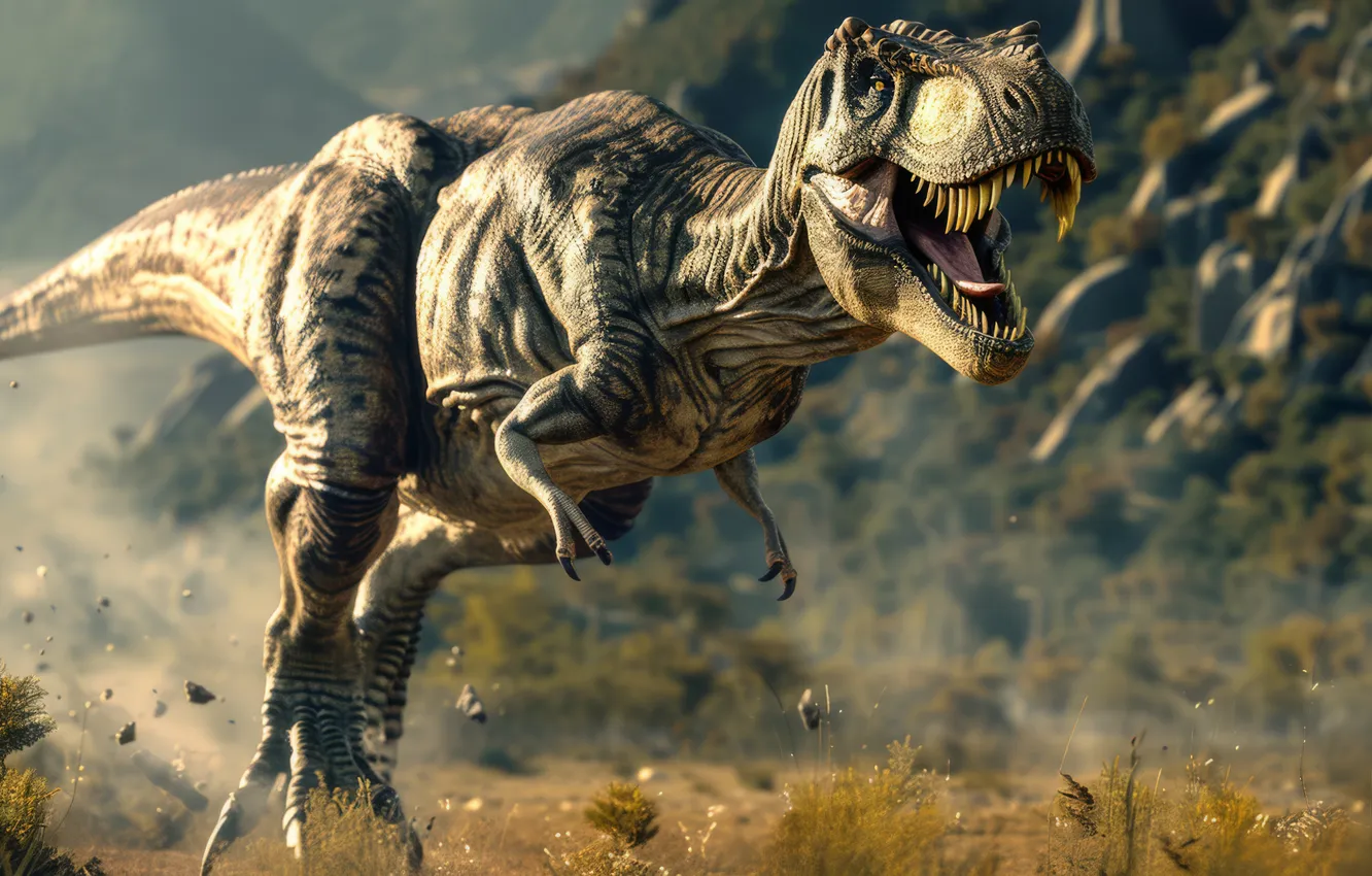 Фото обои Бег, Хищник, Динозавр, Животное, Цифровое искусство, Тираннозавр, Tyrannosaurus Rex, Тираннозавр Рекс