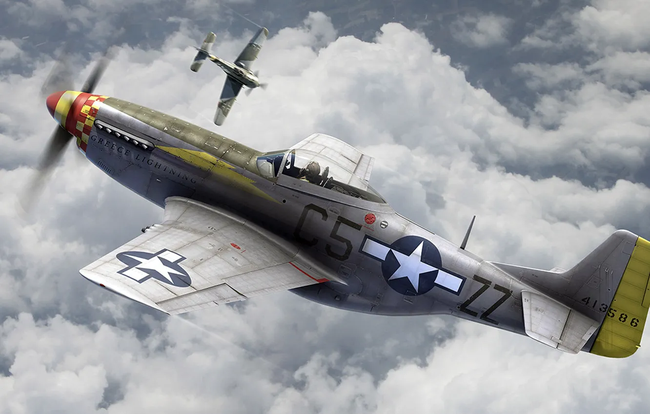 Фото обои ВВС США, воздушный бой, North American P-51 Mustang, американский одноместный истребитель, Focke-Wulf Fw 190 Würger