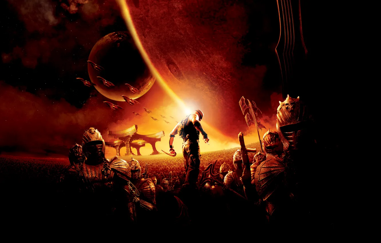 Фото обои Action, Fantasy, The Chronicles of Riddick, Planets, Space, Sun, Warrior, Line