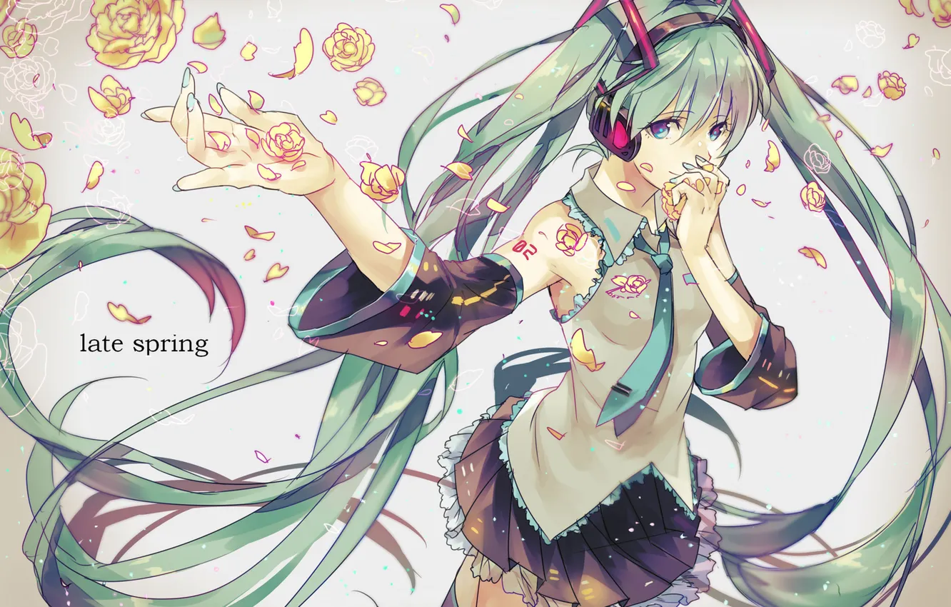 Фото обои девушка, цветы, розы, наушники, арт, галстук, vocaloid, hatsune miku
