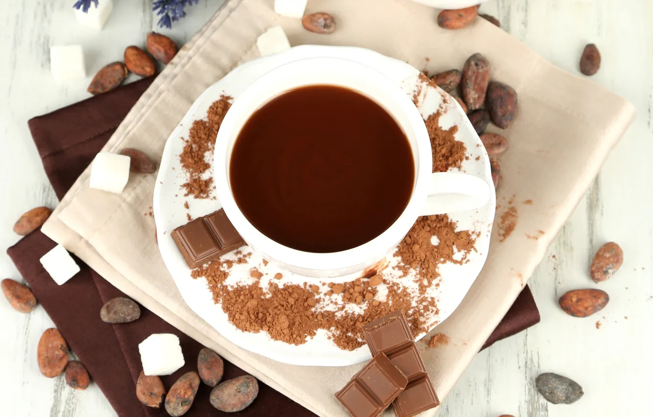 Фото обои шоколад, чашка, сахар, белая, блюдце, какао, салфетки