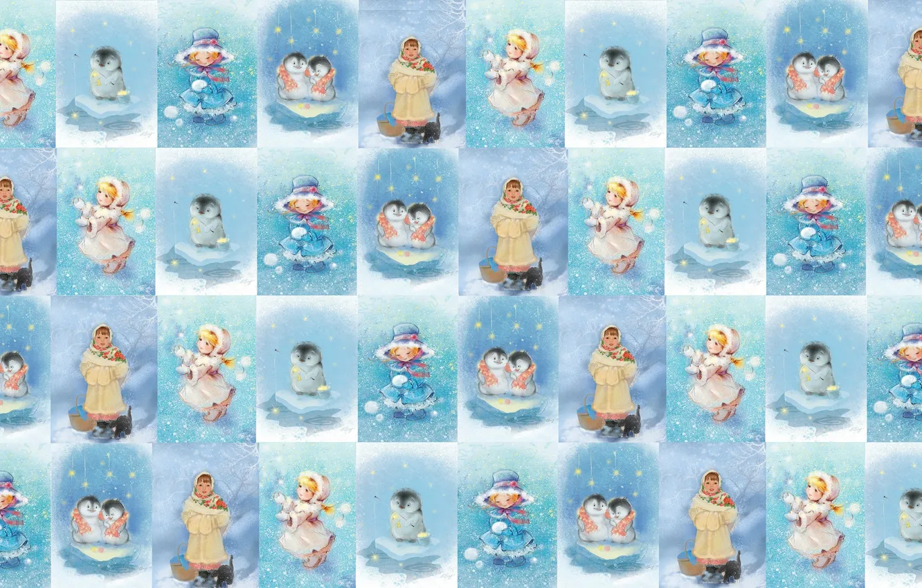 Фото обои зима, снег, фон, праздник, текстура, девочка, Новый год, пингвин