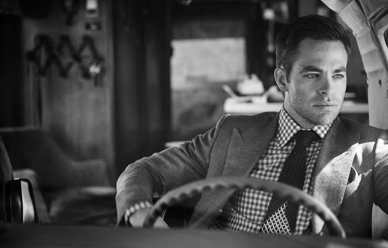 Фото обои актер, черно-белое, фотосессия, Крис Пайн, Chris Pine, C For Men, Sam Jones