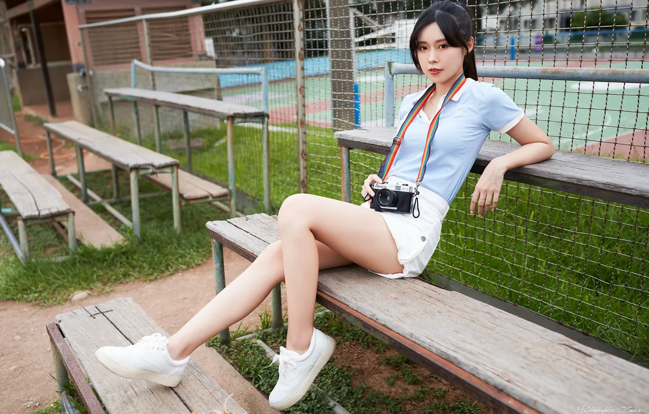 Фото обои Asian, camera, women, bench, rainbows, Max Chang