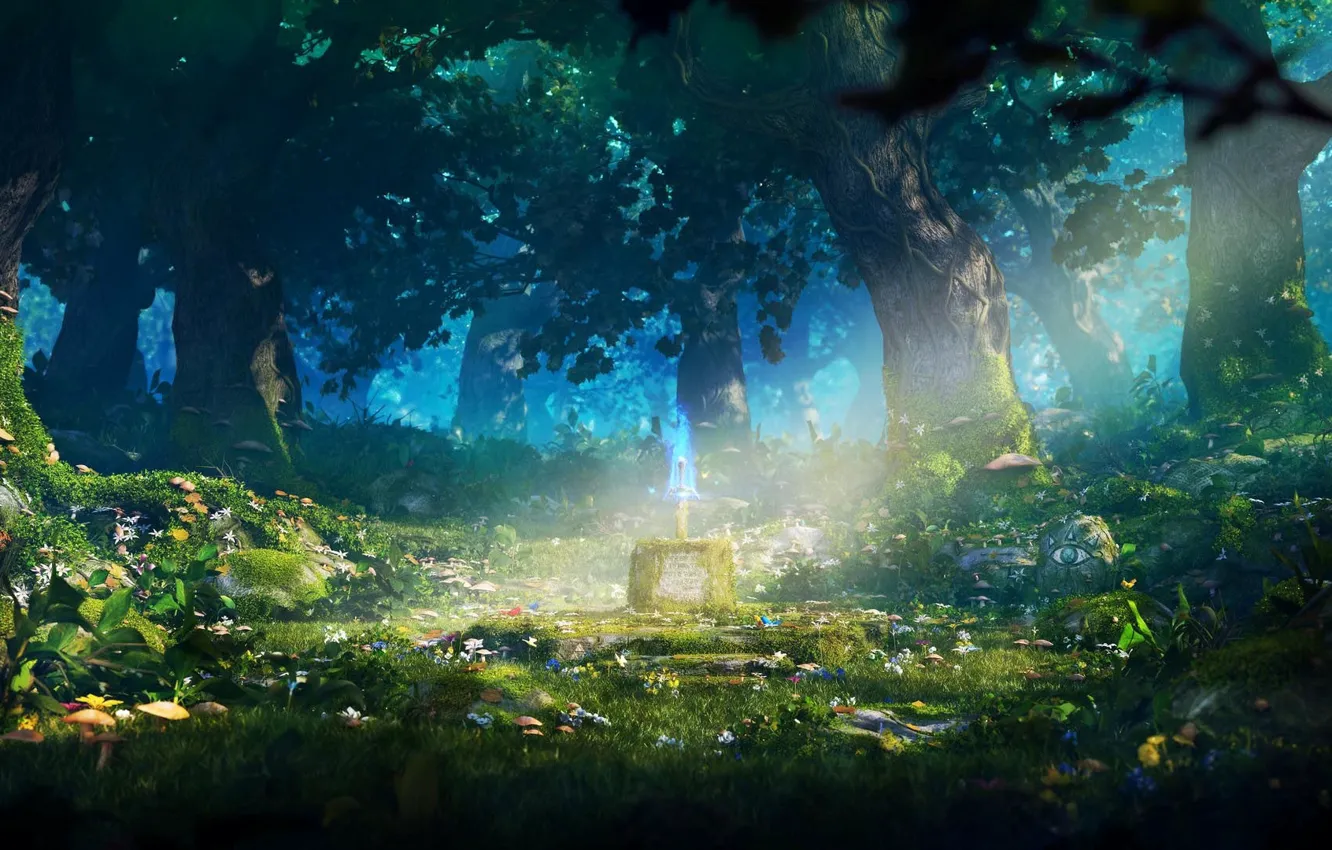 Фото обои лес, деревья, цветы, глаз, грибы, луч, меч, постамент