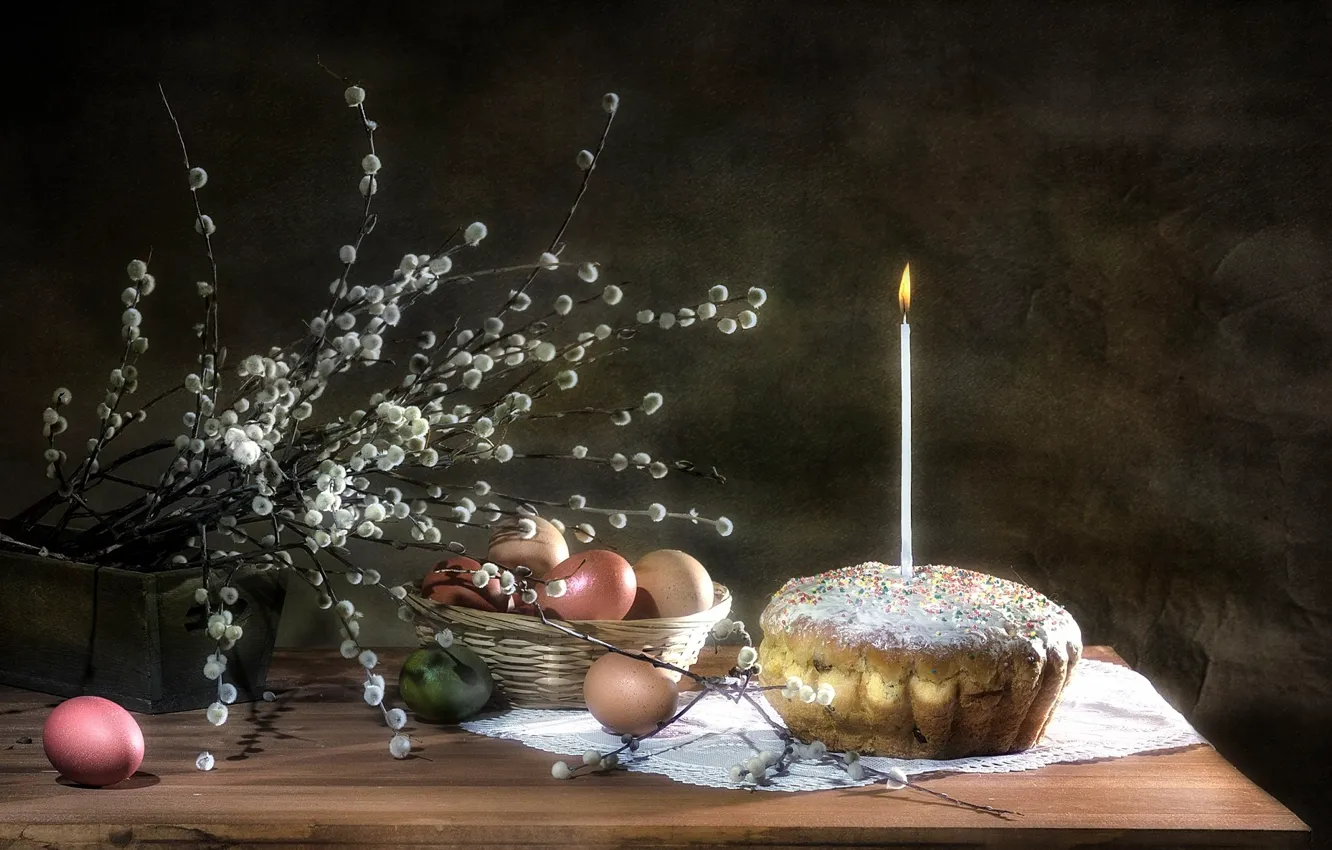 Фото обои свеча, яйца, пасха, кулич, верба