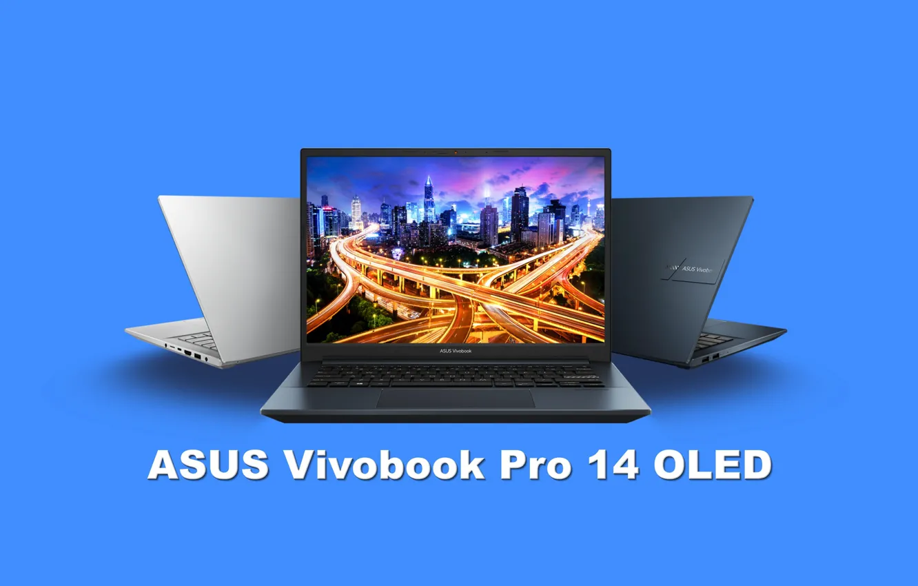 Фото обои компьютер, wallpaper, ноутбук, электроника, ASUS, голубой фон, OLED, ASUS Vivobook Pro 14 OLED