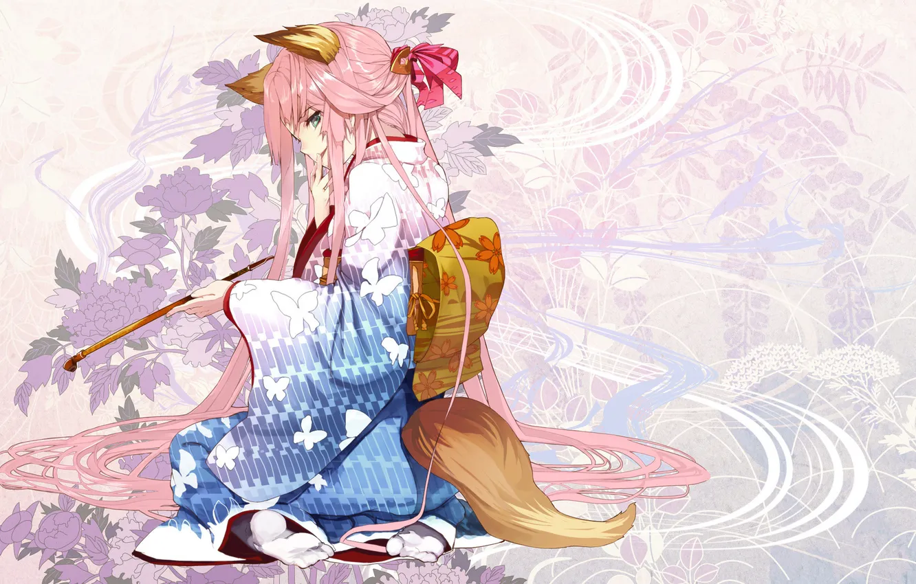 Фото обои девушка, цветы, аниме, хвост, кимоно, ушки