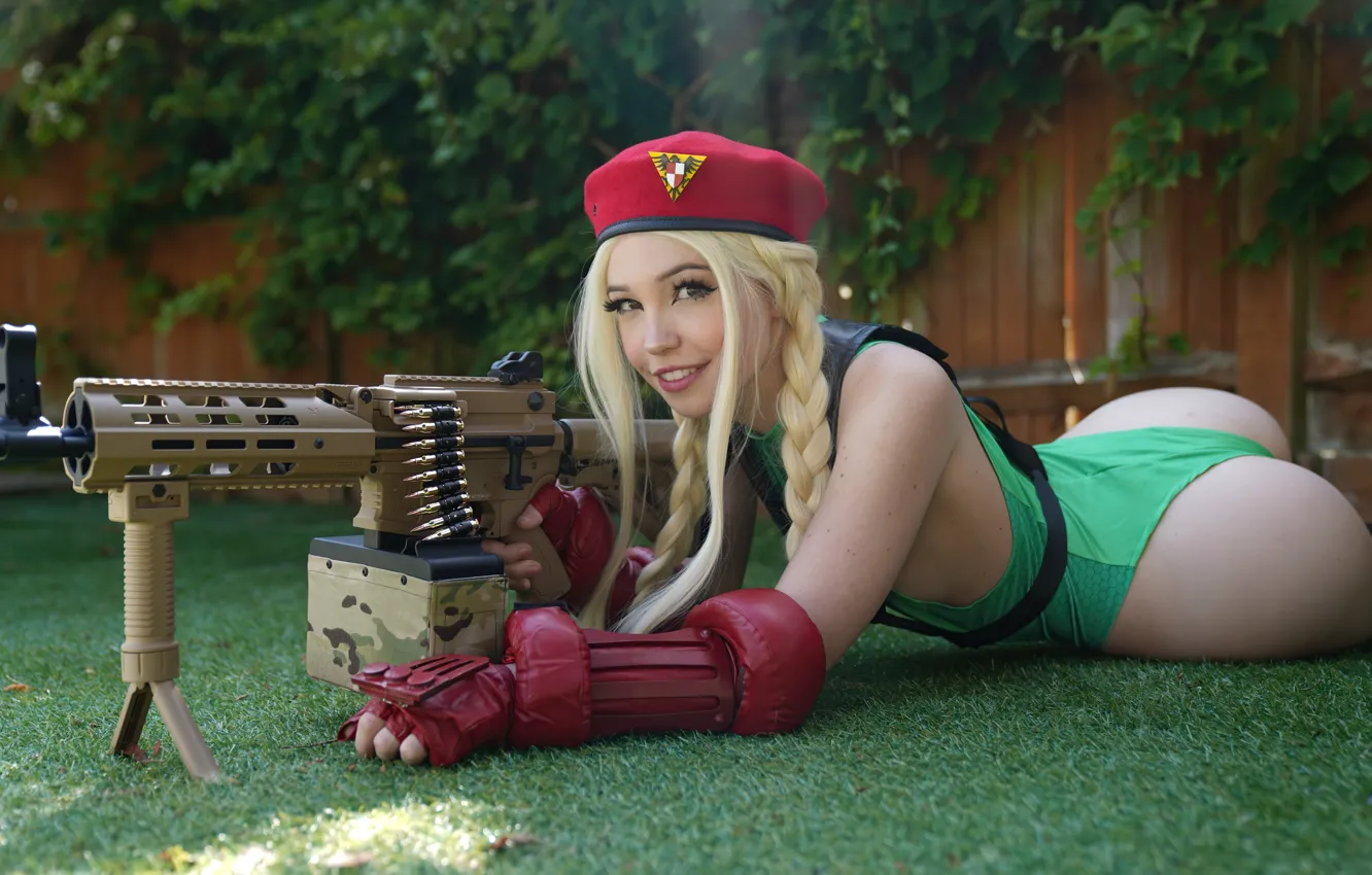 Фото обои gun, ass, women, cosplay, blonde, Street Fighter, AR-15, Cammy White