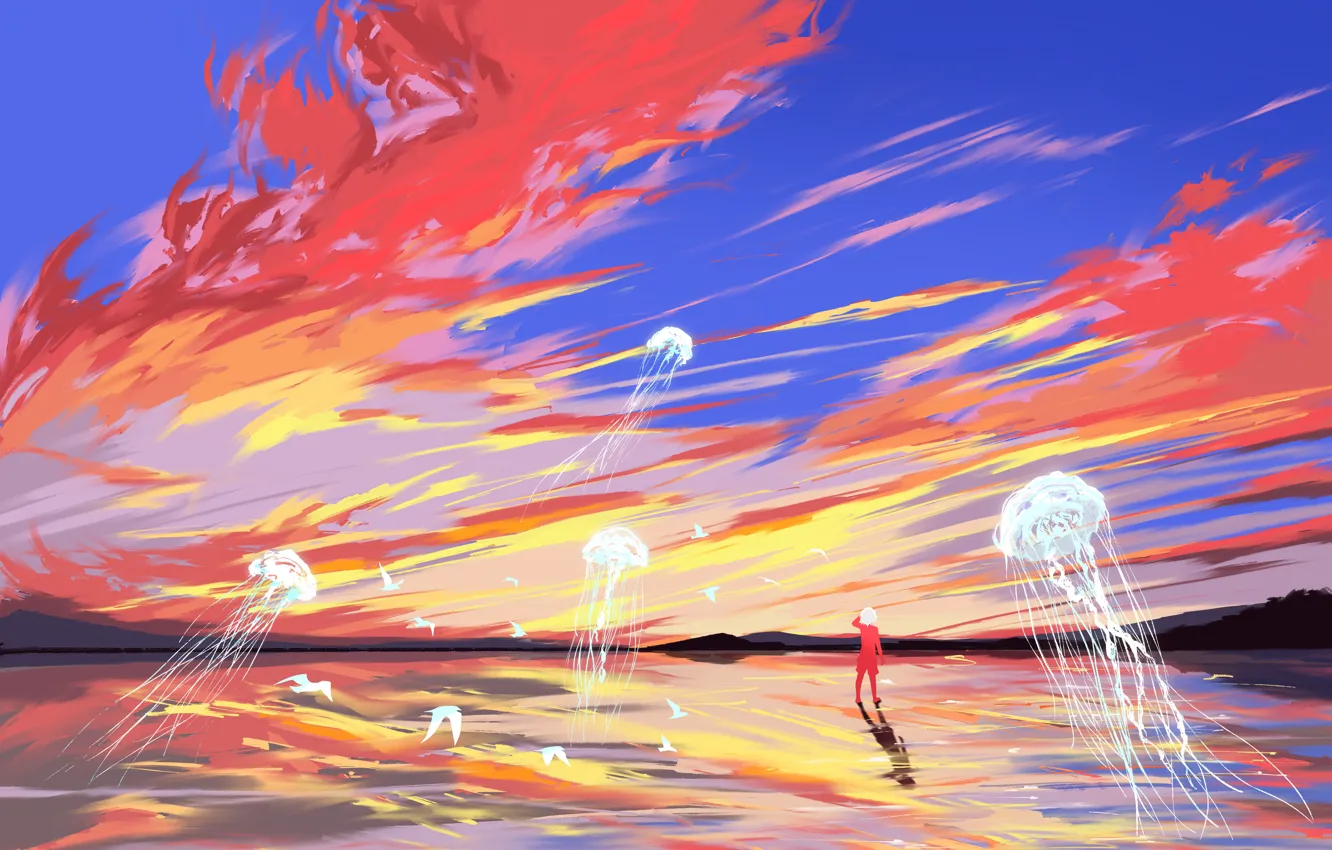 Фото обои небо, вода, девушка, птицы, сюрреализм, медузы, by Fangpeii