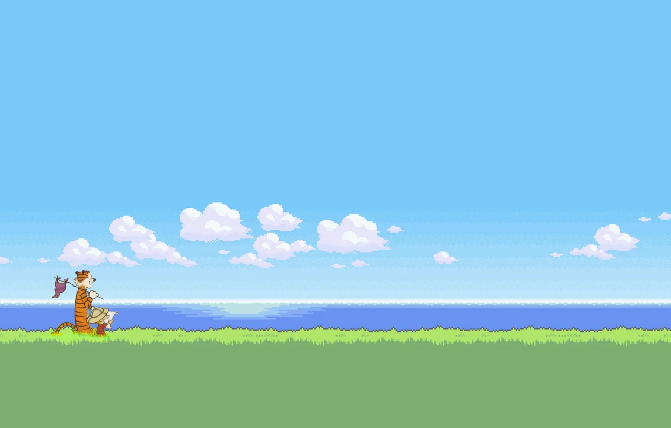 Фото обои небо, трава, вода, облака, 8-bit, Calvin and Hobbes, Кельвин и Хоббс