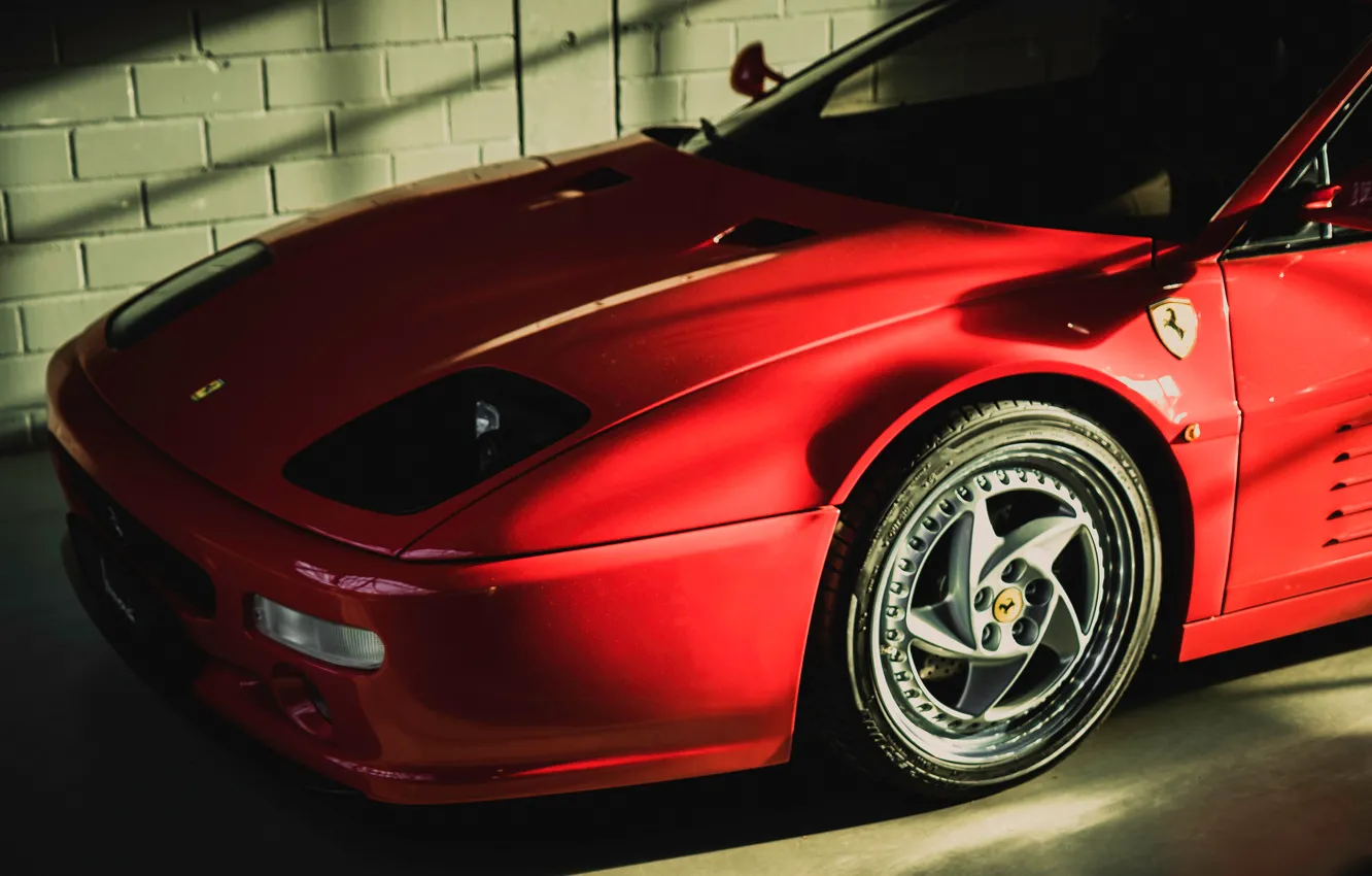Фото обои красный, гараж, Ferrari, передок, F 512 M