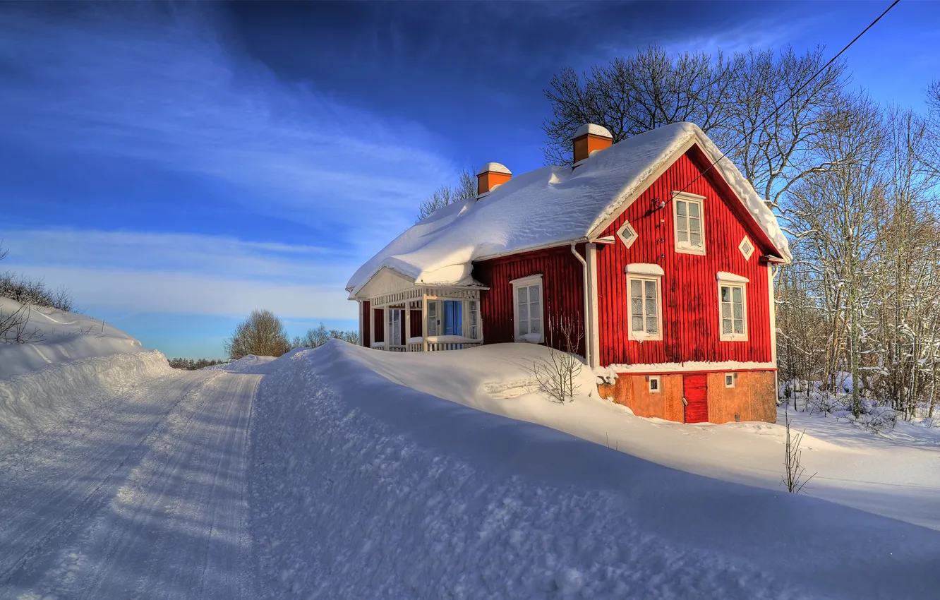 Фото обои зима, дорога, снег, дом