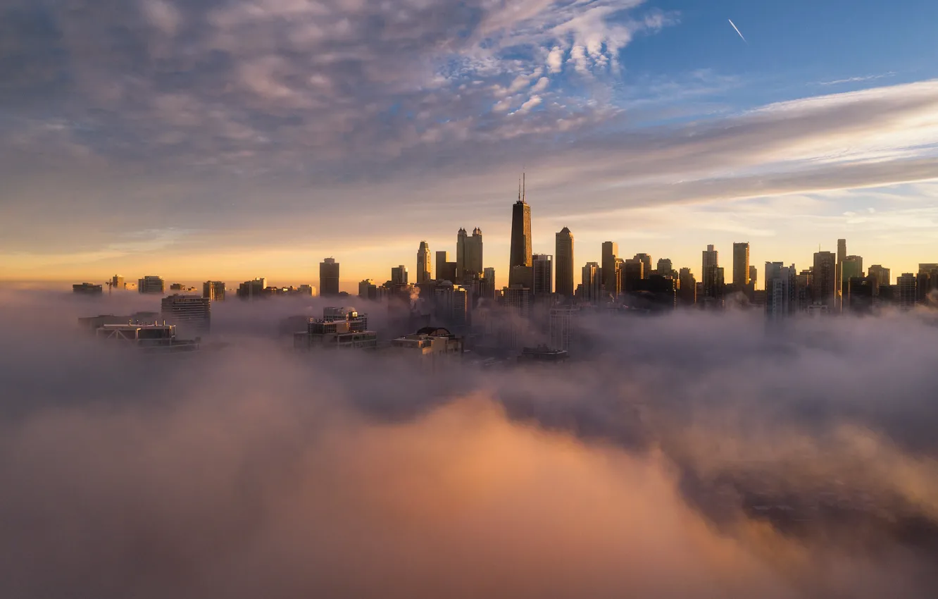 Фото обои облака, город, туман, здания, утро, Чикаго, США