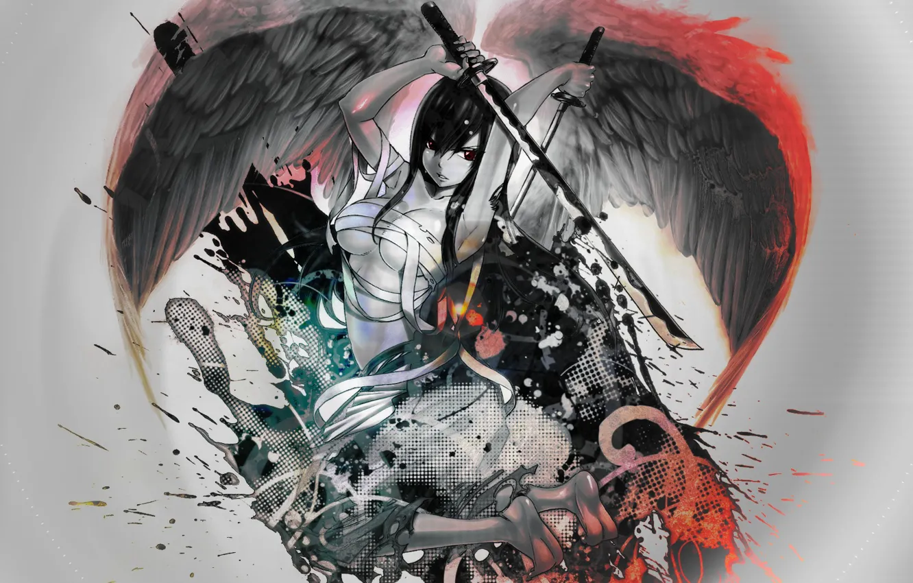 Фото обои оружие, крылья, ангел, аниме, бой, девочка