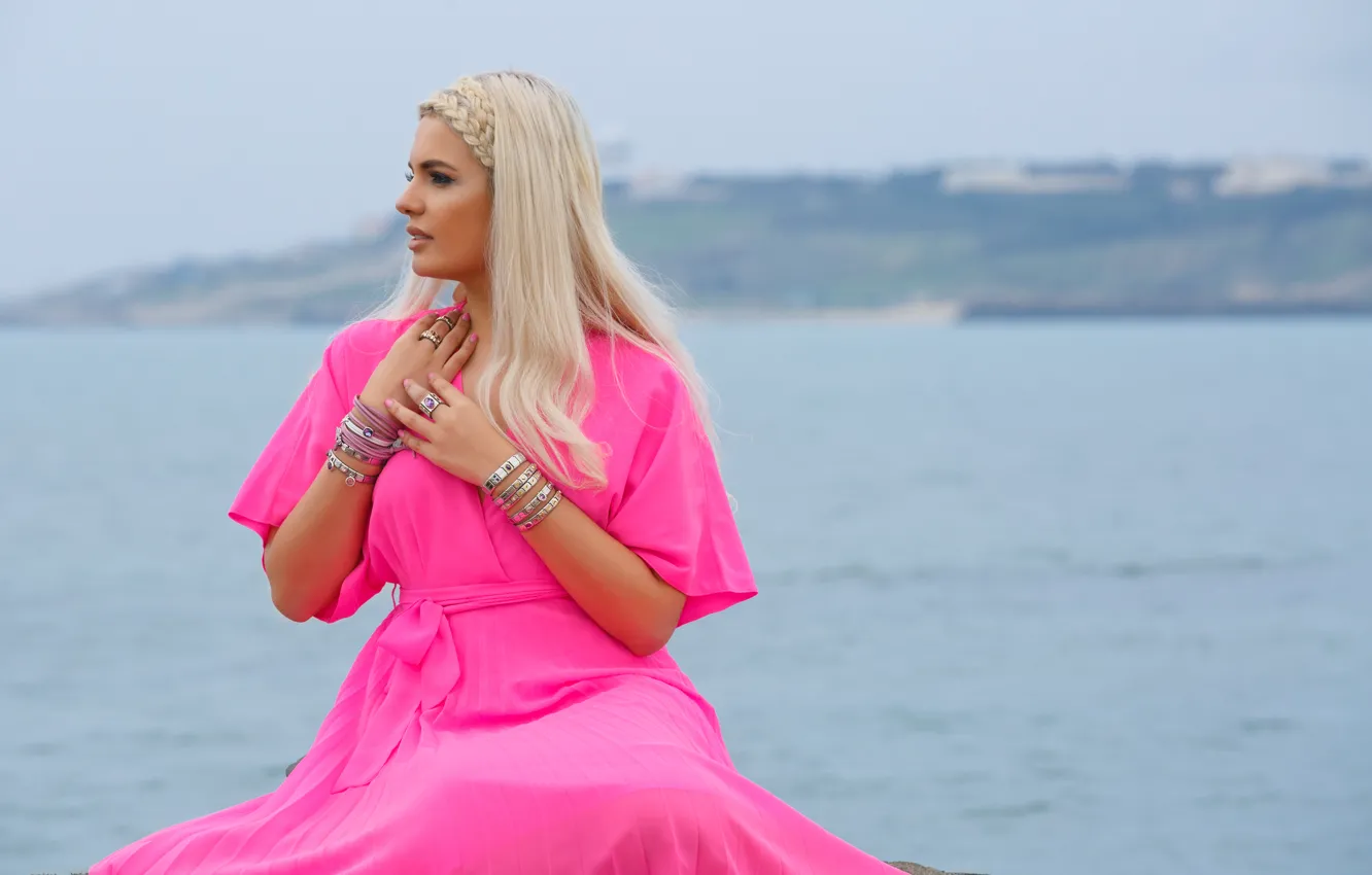 Фото обои девушка, украшения, лицо, фон, волосы, платье, профиль, красотка