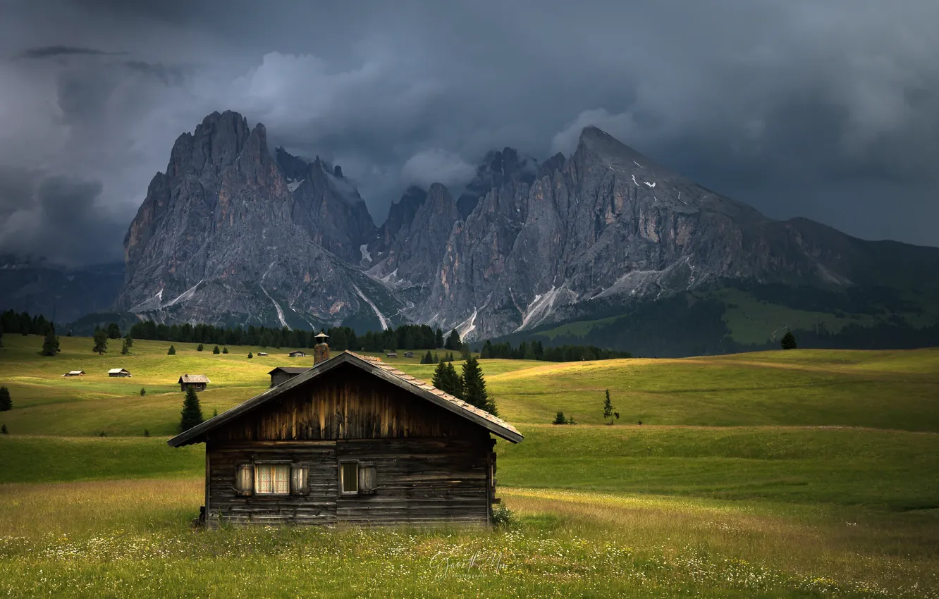 Фото обои поле, горы, Альпы, домик