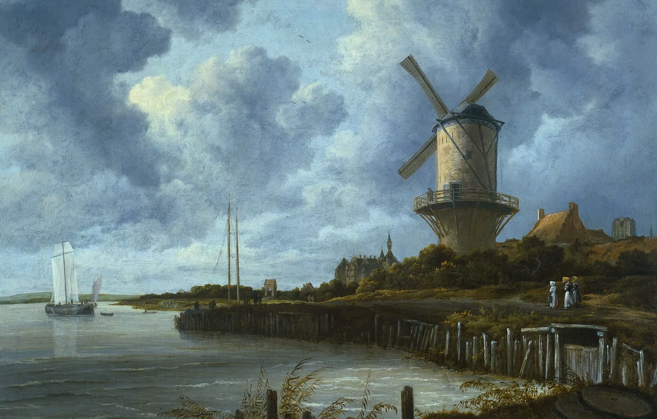 Фото обои пейзаж, масло, картина, холст, Якоб ван Рёйсдал, Мельница в Вейк-Бей-Дюрстеде