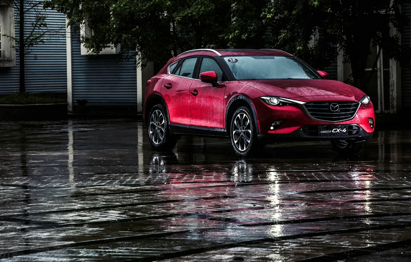 Фото обои дорога, дождь, Mazda, Rain, мазда, кроссовер, бордовая, CX-4