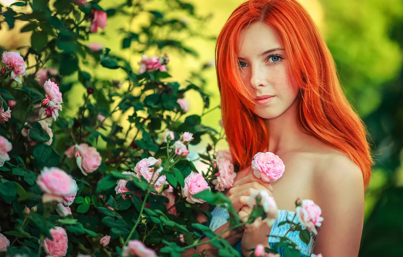 Фото обои цветы, портрет, веснушки, рыженькая, солнечная, Sunny girl