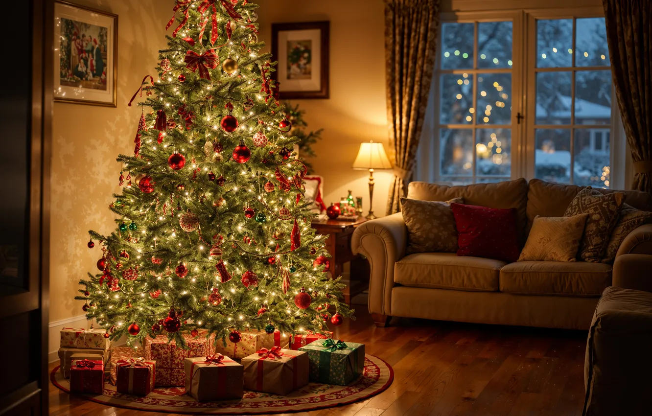 Фото обои украшения, комната, елка, интерьер, Рождество, подарки, Новый год, Christmas