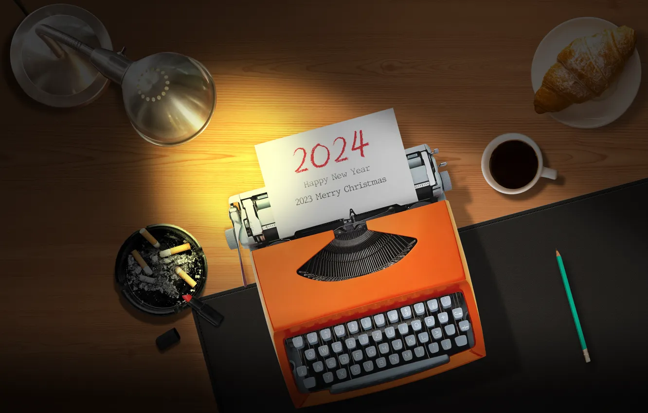 Фото обои new year, coffee, lamp, desk, typewriter, 2024 year