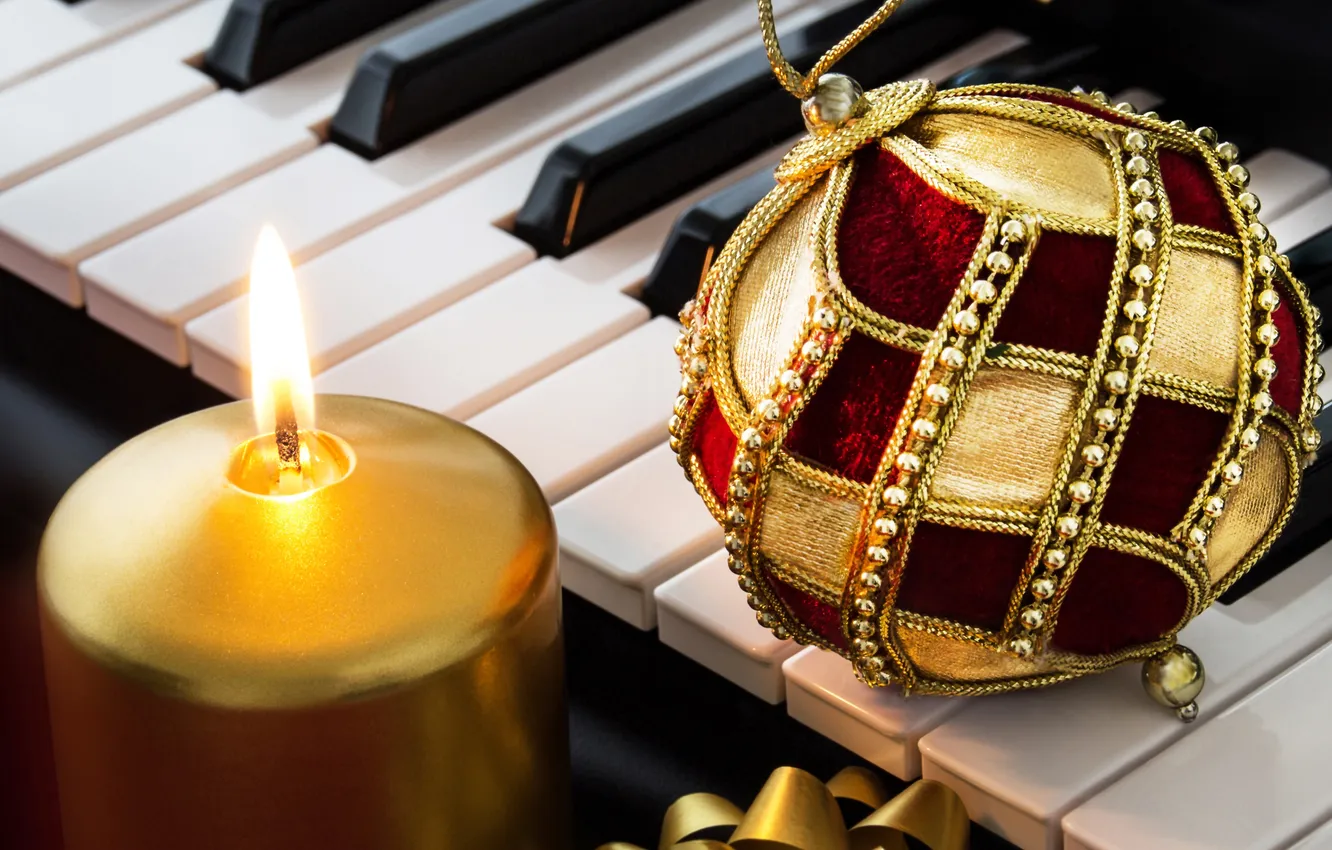 Фото обои шарики, украшения, праздник, music, Новый Год, Рождество, Christmas, piano