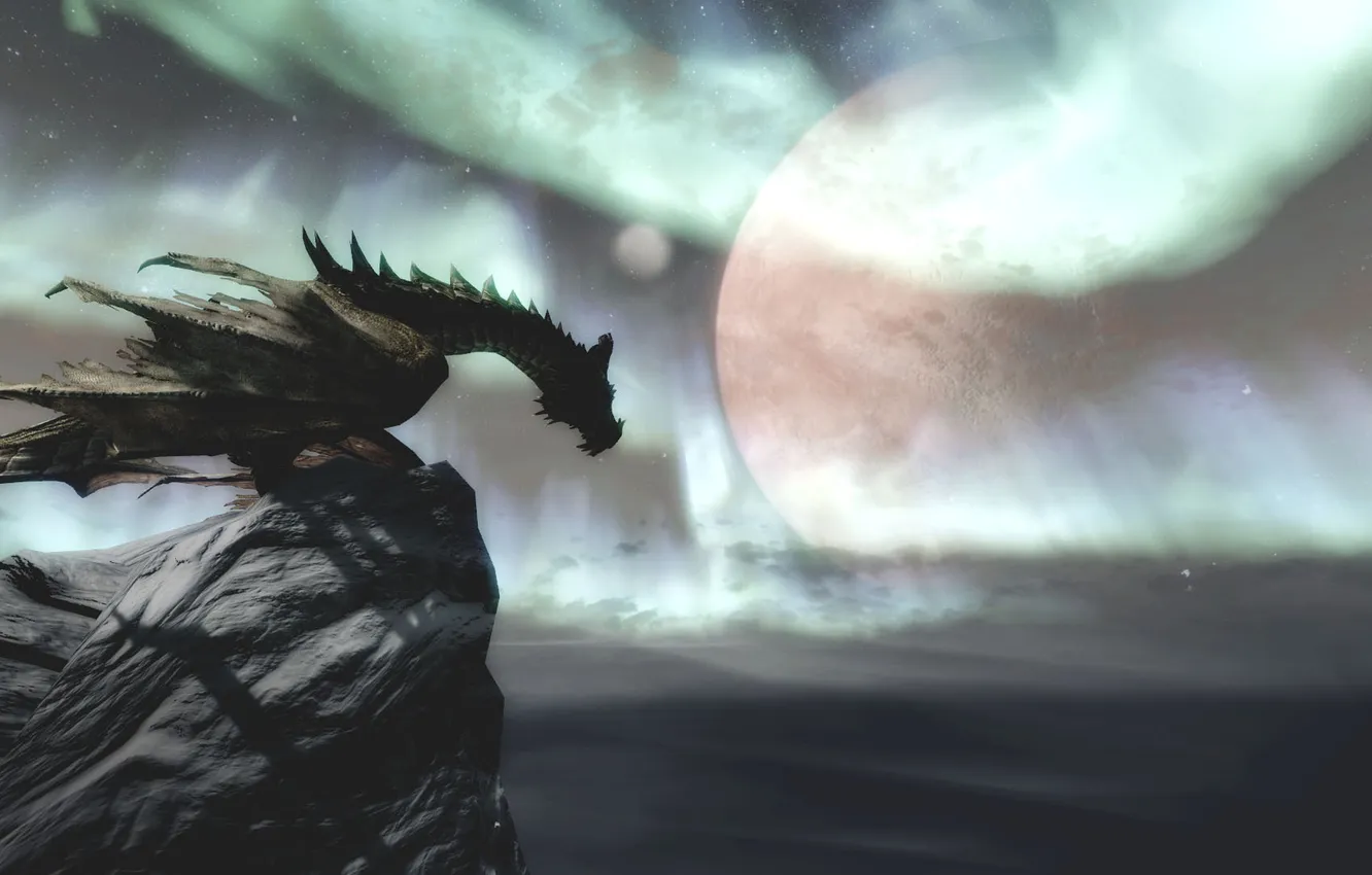 Фото обои снег, горы, дракон, Skyrim, партурнакс, луна.
