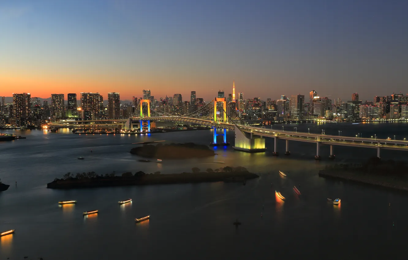 Фото обои мост, Япония, Токио, панорама, Tokyo, Japan, Rainbow Bridge