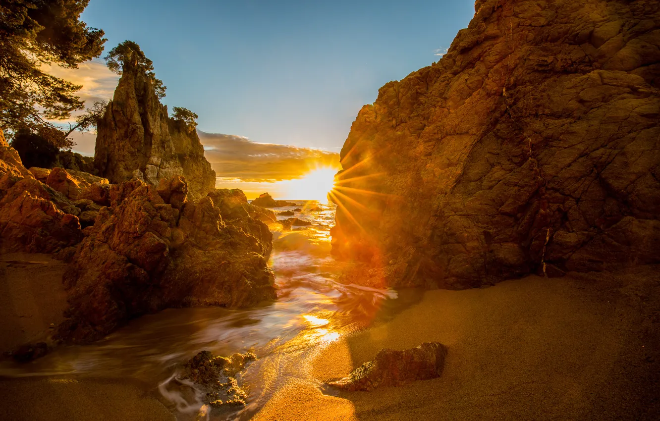 Фото обои море, скалы, рассвет, побережье, Coast, Espana, Costa Brava, Catalonia