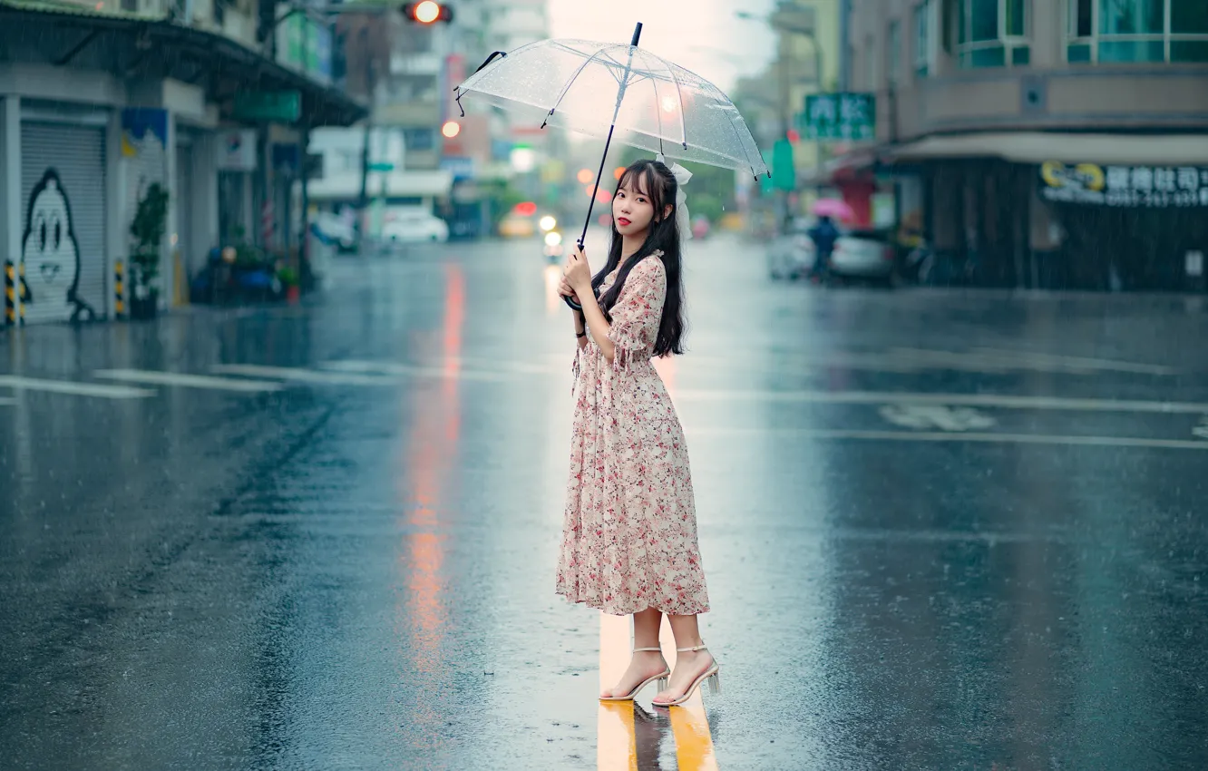 Фото обои дождик, девушка, город, зонтик, милая, улица, волосы