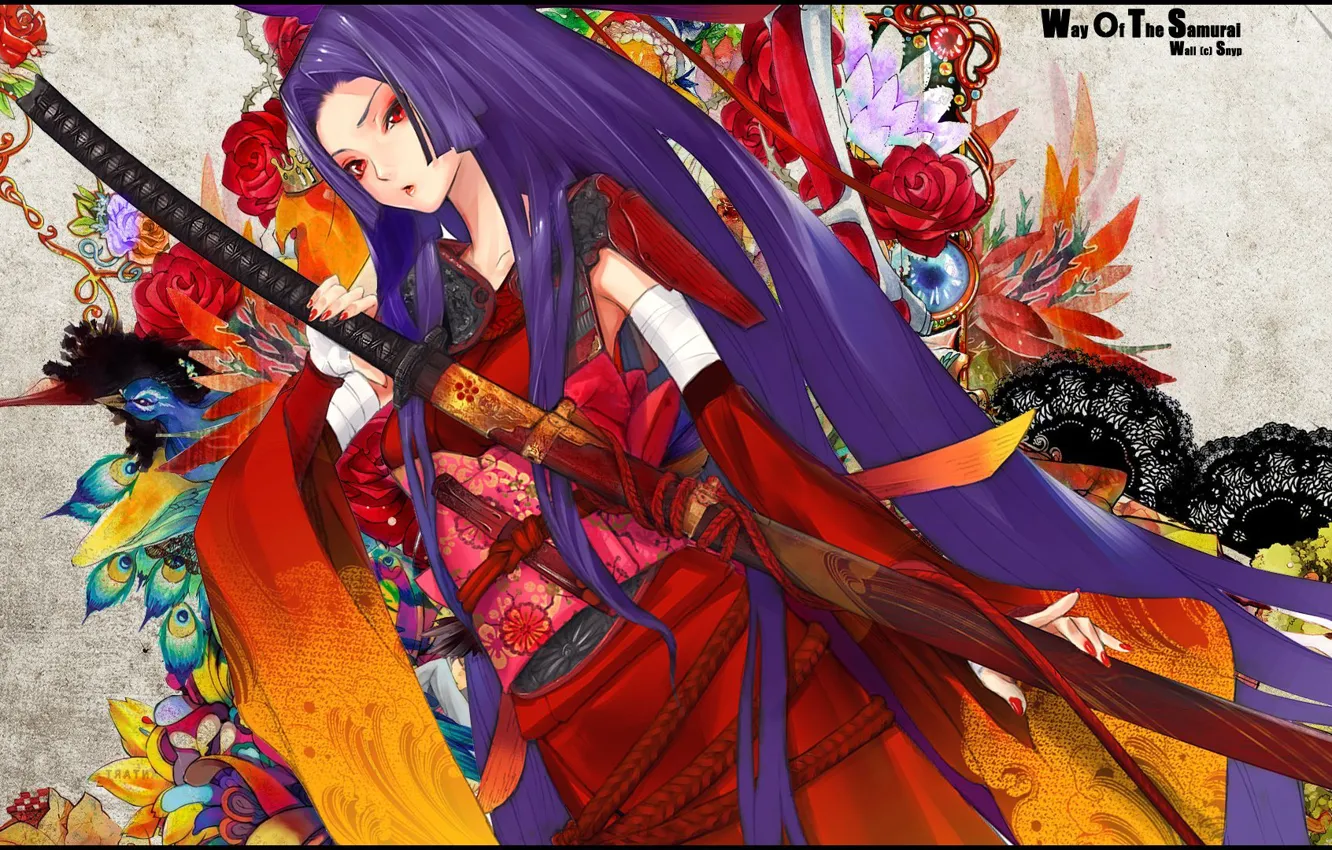 Фото обои узор, катана, кимоно, Гейша, длинные волосы, ножны, цветы.красные глаза